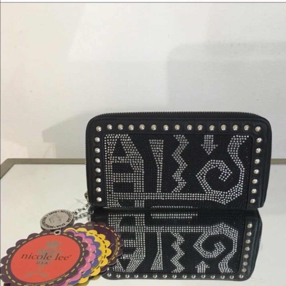 Nicole Lee black rhinestone & stud zip wallet